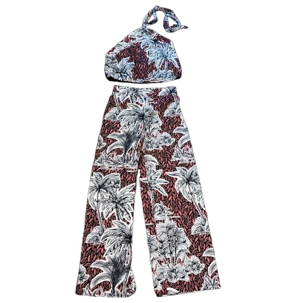 Rachel Zoe Brown Black White Tropical Wide Leg Pants & Halter Top Set